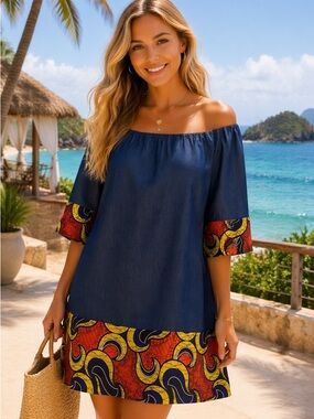 Lapogee Dress Chambray Dashiki Wax‎ Print Off Shoulder Loose Fitting
